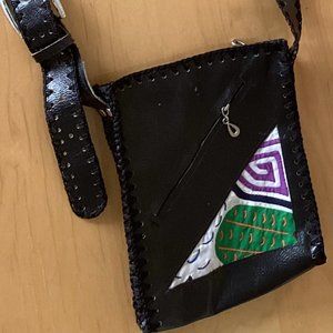 Black Vintage Leather Crossbody Shoulder Bag with African Art